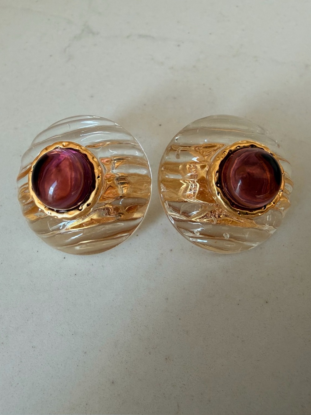 Vintage Chanel Clear Gripoix Glass Clip-On Earrings w/ Purple Cabochon CC Detail - Picture 9 of 10
